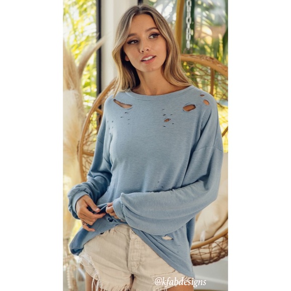 LAST FEW! The SOFTEST Dusty Blue French Terry Knife Cut Sweatshirt! - Picture 7 of 9